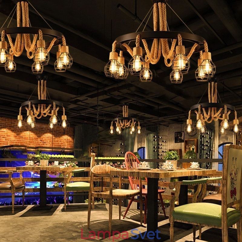 Retro štýlový 6-hlavý závesný luster z konopného lana so železným tienidlom