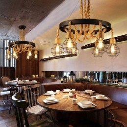 Retro štýlový 6-hlavý závesný luster z konopného lana so železným tienidlom