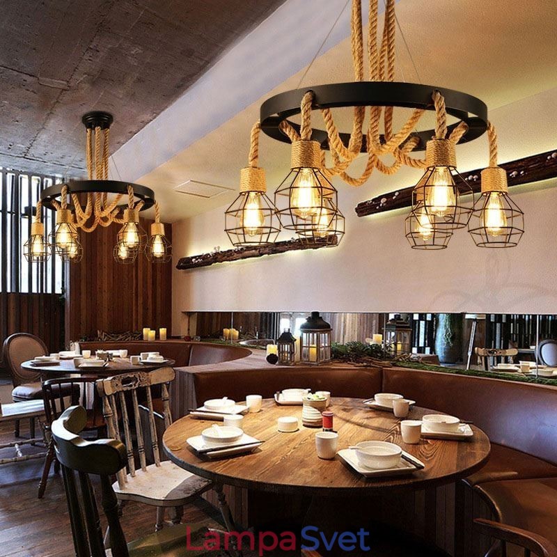 Retro štýlový 6-hlavý závesný luster z konopného lana so železným tienidlom