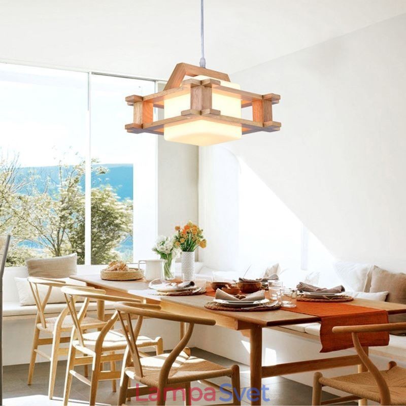 Závesná dubová lampa v severskom štýle s tienidlom na lampu z matného skla Cafe