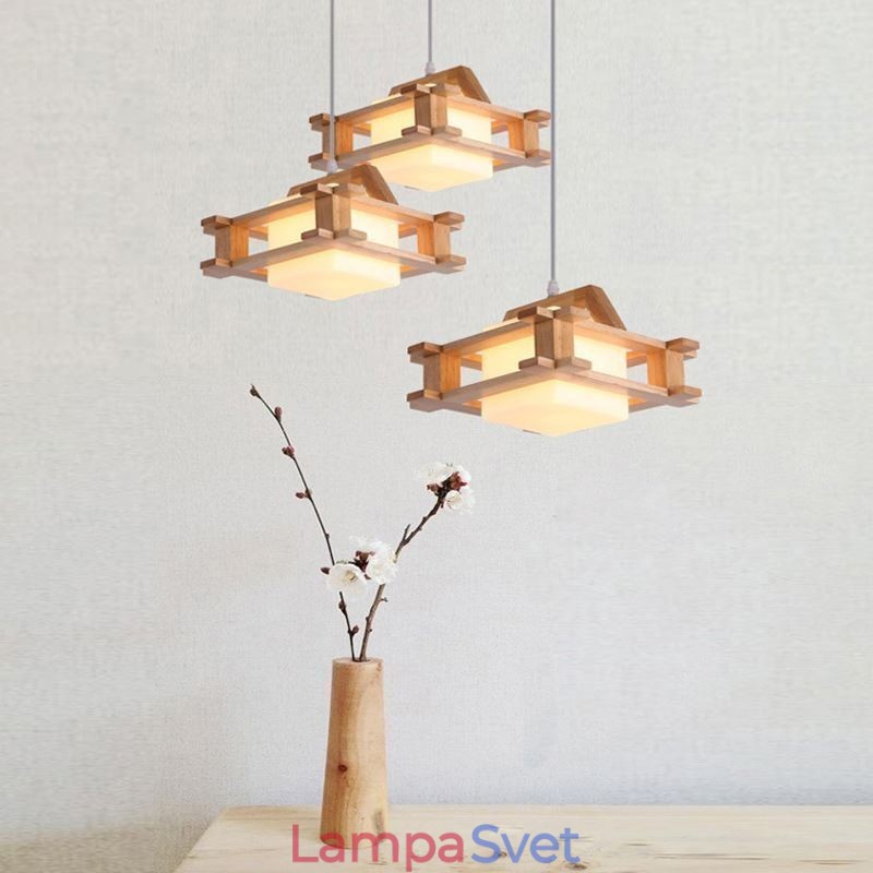 Závesná dubová lampa v severskom štýle s tienidlom na lampu z matného skla Cafe