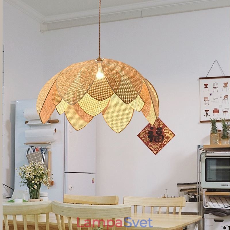 Ratanové závesné svietidlo Lotus Cafe Retro ratanové umelecké stropné svietidlo