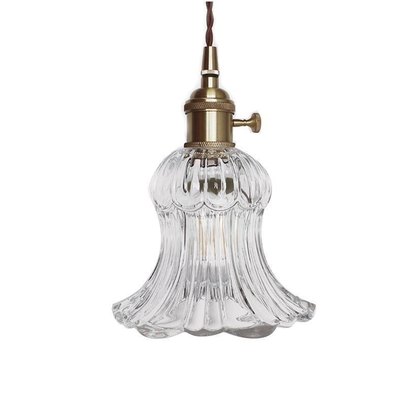 Závesná lampa v tvare kvetu z číreho rebrovaného skla s otočným spínačom