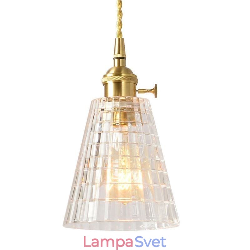 Štvorcová závesná mosadzná lampa z číreho rebrovaného skla s osvetlením s otočným spínačom
