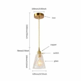 Štvorcová závesná mosadzná lampa z číreho rebrovaného skla s osvetlením s otočným spínačom