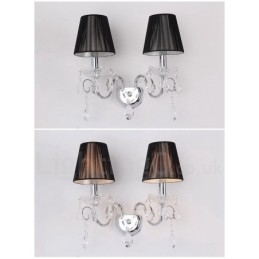 2 svetlá chrómová strieborná farba K9 Crystal Candle Retro sklenené nástenné svietidlo s čiernymi látkovými tienidlami