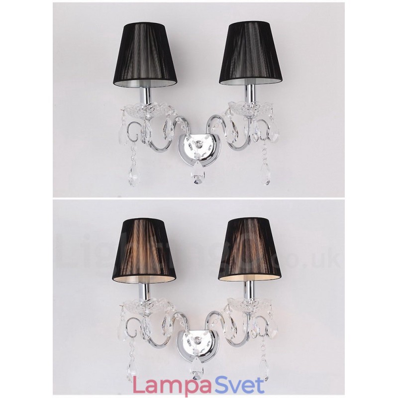 2 svetlá chrómová strieborná farba K9 Crystal Candle Retro sklenené nástenné svietidlo s čiernymi látkovými tienidlami