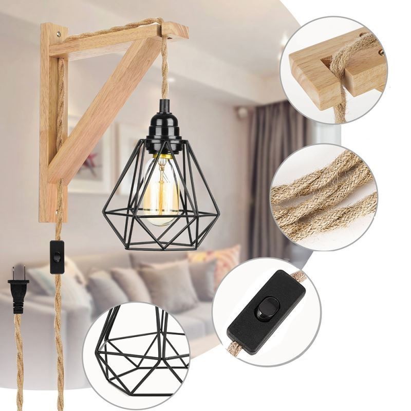 Americké retro nástenné svietidlo 2,5 m konopné lano závesné drôtené čierne železné tienidlo na lampu