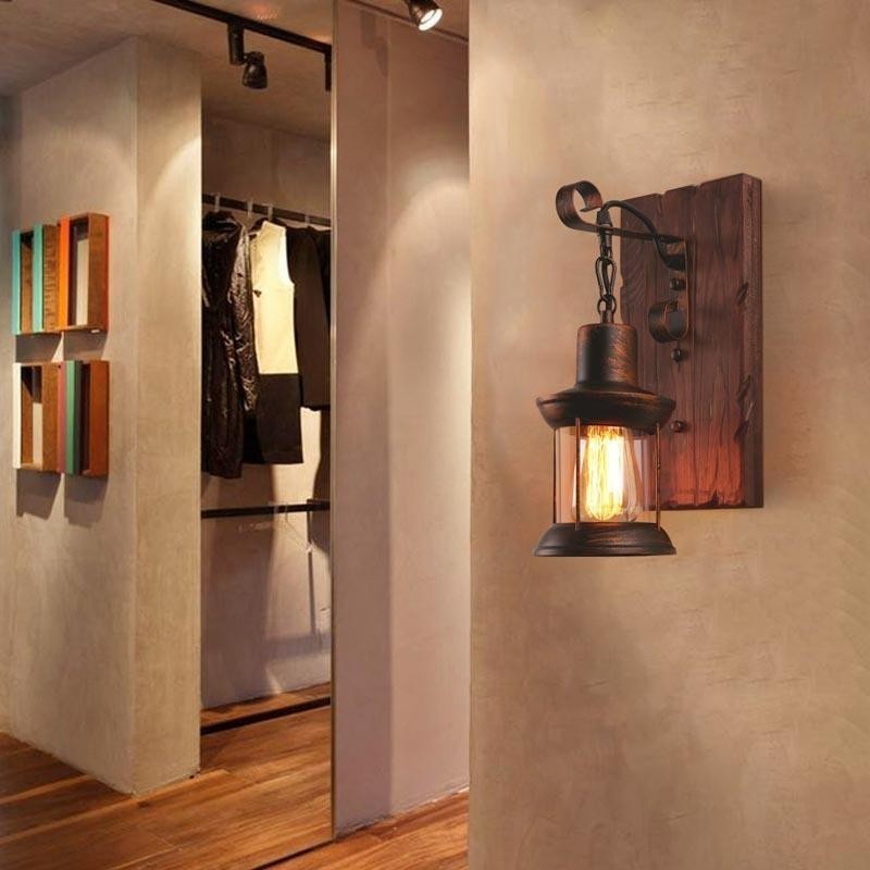 Americké vintage nástenné svietidlo Industrial LOFT nástenné svietidlo z masívneho dreva sklenená lampa