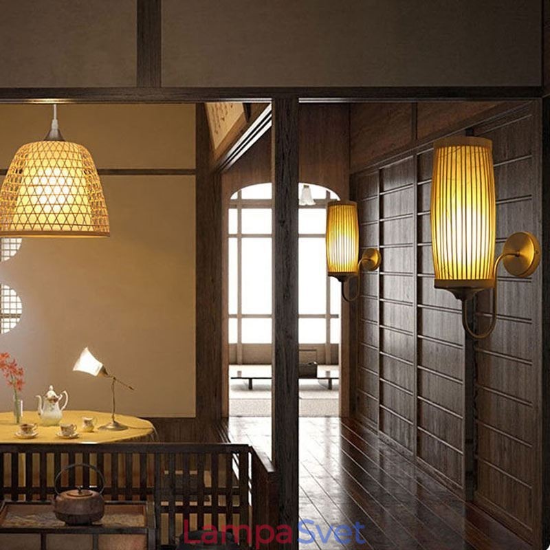 Nástenné svietidlo s dizajnom bubna v páse Creative Bamboo Wall Sconce Nočné schody Vidiecke osvetlenie