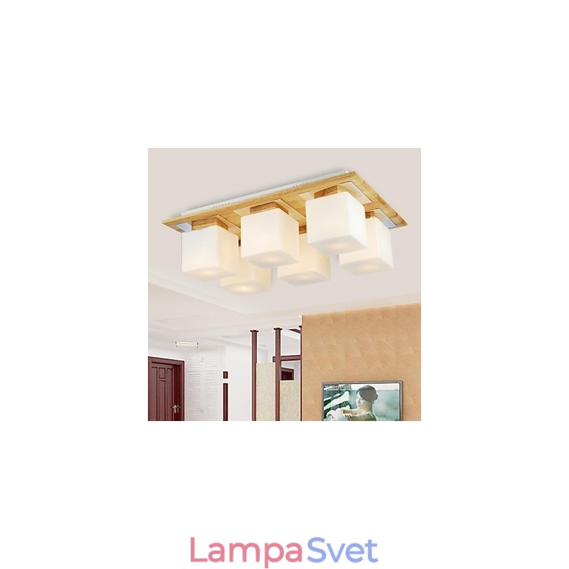 Dubové stropné svietidlo Šesť svetiel dub a sklo 220~240V