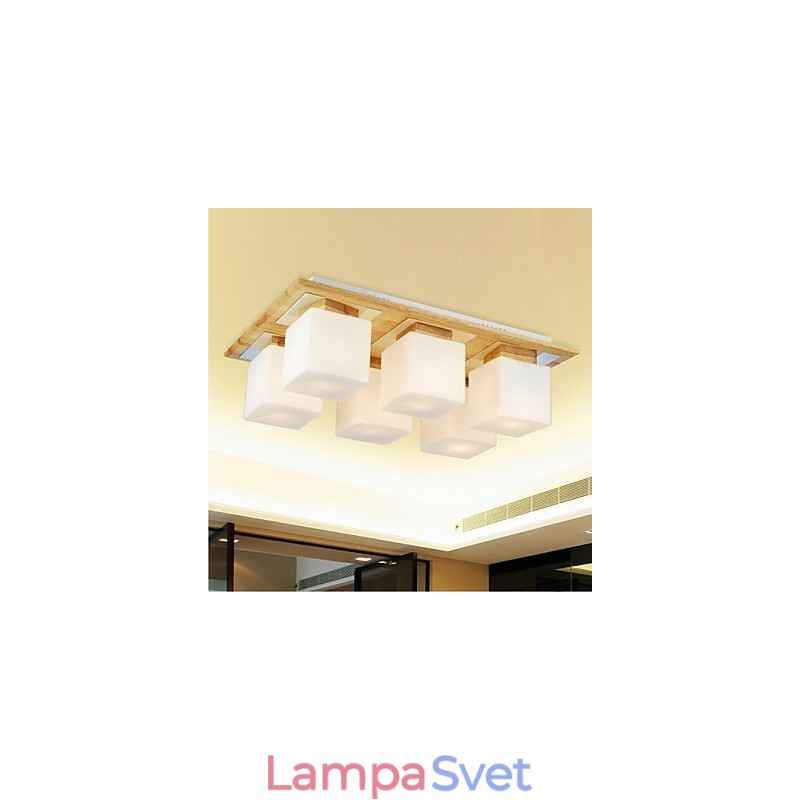 Dubové stropné svietidlo Šesť svetiel dub a sklo 220~240V