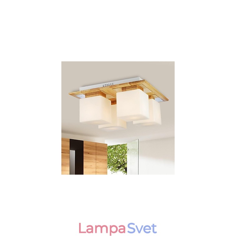 Dubová stropná lampa Štyri svetlá Dub a sklo 220~240V (HY9024)